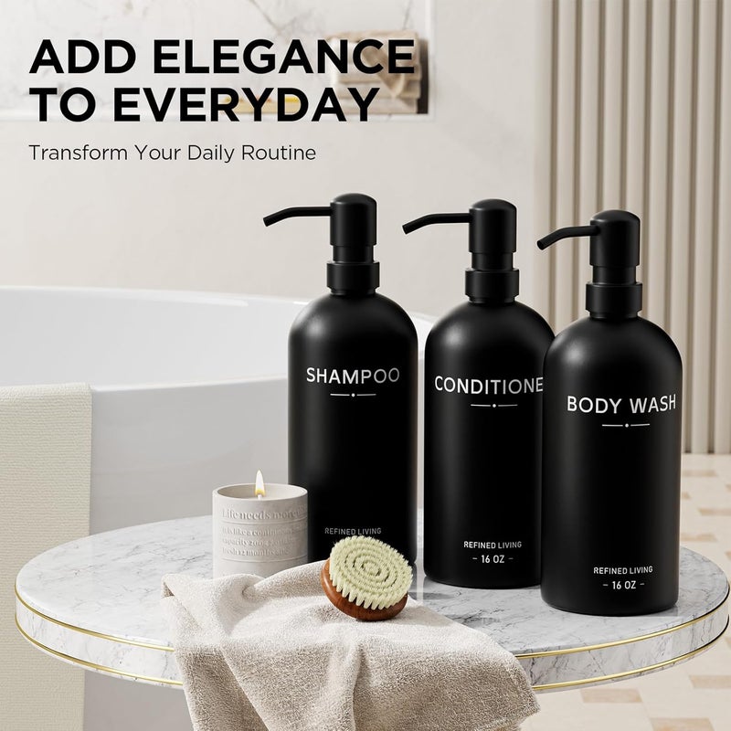 Aeakey Shampoo and Conditioner Dispenser Set,3 Refillable 16oz Bottles with Stainless Steel Pumps – Shower Soap Dispensers for Bathroom, Hotel or Airbnb (Black, 3-Pack) - Image 3